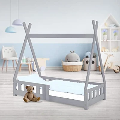 Afbeelding van ML Design Tipi kinderbed, 70 x 140 cm, lichtgrijs, met valbescherming en lattenbodem, grenenhout, Indiaas bed voor binnen, hek, veiligheidsrooster, speeltent, huisstijl