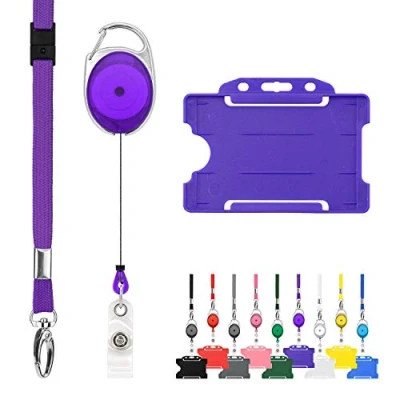 Afbeelding van CKB ltd oprolbare kaarthouder inclusief kaarthouder, keycord en afrolmechanisme pashouder badgehouder pasjes sleutelhanger met koord lanyard keykoord sleutelkoord trekkoord badge uittrekbare skipashouder badges naambadge houder keycords key Paars