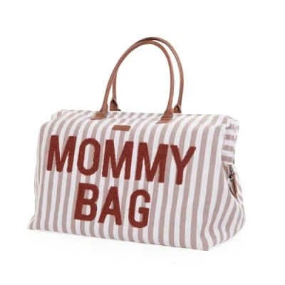 Image de CHILDHOME, Mommy Bag, Sac à Langer, Maternité, de voyage, Grande Contenance, Tapis Bandoulière Ajustable, Compartimenté, Poche Isotherme, Passage pour Valise, Rayures Terracotta