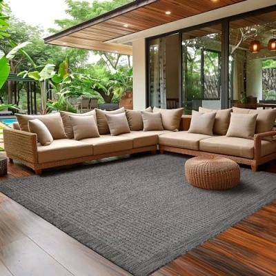 Afbeelding van Buitentapijt voor terras, balkon en tuin, keukentapijt, effen, weerbestendig design, plat weefsel, sisal effect, wasbaar tapijt, 200 x 290 cm, zwart