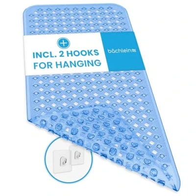 Afbeelding van Bächlein PVC badmat lichtblauw antislip inlegvel 88x40 cm met ophanghaak, hygiënisch &amp; schimmelbestendig, BPA latexvrij, machinewasbaar