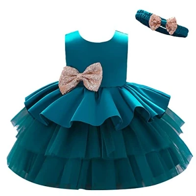 Afbeelding van Lito Angels Bruidsmeisjesjurk, ceremonie, bruiloft, doop, met haarband voor baby en kinderen, meisjes, Blauwgroen
