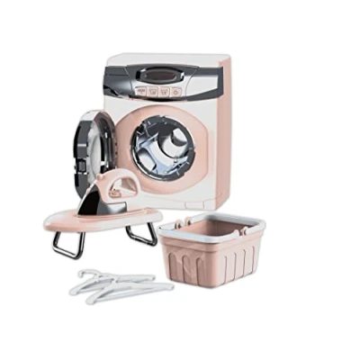 Afbeelding van Teorema Giocattoli Speelgoedwasset met wasmachine, as, strijkijzer, kunststof mand en 2 kledinghaken, echte lichten geluiden, kleur roze wit, 66982