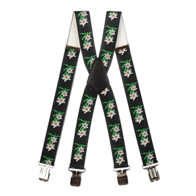 Afbeelding van Olata Robuuste X bretels voor heren met Edelweiss patroon, 2,5 cm / 4 cm, zwart.
