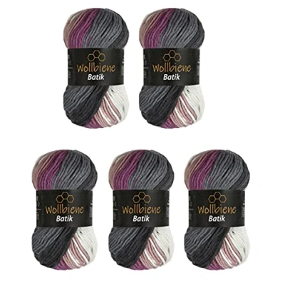Afbeelding van Wollbiene Batik, set van 5 bollen wol 100 g (500 g), meerkleurig met kleurverloop, voor breien en haken (5.400 donkergrijs witte bessen)