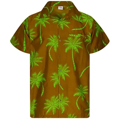Afbeelding van King Kameha Funky Hawaïhemd voor heren, korte mouwen, voorzak, palmboom, Groene mosterd.