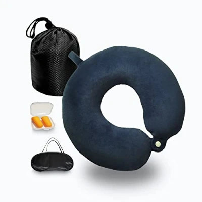 Afbeelding van NavoX Memory Foam Reiskussen met Slaapmasker Oordopjes Zak Neksteun Kussen Quick Pack Lichtgewicht Camping Auto Vliegtuig Blauw