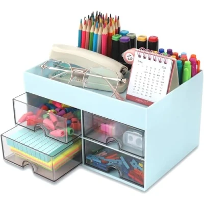 Afbeelding van KAHEIGN Bureau organizer met 4 laden, 19 cm x 14 cm, multifunctionele grote capaciteit, make up voor kinderen, leraren, cadeau, kantoor, school, tafeldecoratie (blauw)