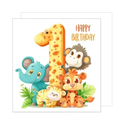 Afbeelding van Edition Seidel GQ193 SW024 Hoogwaardige vierkante wenskaart voor de 1e verjaardag met envelop Happy Birthday dierenbiljet kinderen, meisjes en jongens
