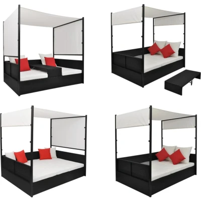 Afbeelding van Tuinbed met luifel 190x130 cm poly rattan zwart