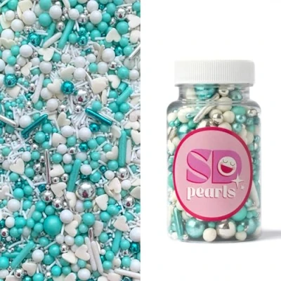 Afbeelding van SD Pearls Mélange de sucres en turquoise, blanc et argent pour baby shower, hiver gâteaux élégants (mélange « Cote d&#039;Azure », 100 g)