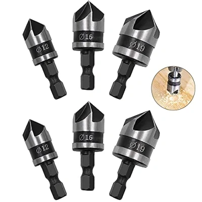 Afbeelding van 6 stuks afschuiningsfrees, 90 graden, 5 afschuiningsboor van koolstofstaal, afschuiningskop, gereedschap, voor boren en afschuinen (12 mm, 16 19 mm)