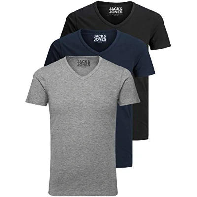 Afbeelding van Jack and Jones Basic T shirt voor heren, V hals, verpakking van 3 stuks, effen, slim fit, in wit, zwart, blauw, grijs, Kleur Mix 3, L