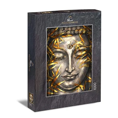 Afbeelding van Ulmer Puzzleschmiede puzzel &quot;Boeddha in zilver en goud&quot; Klassieke van 1000 stukjes voor volwassenen Evenwichtig puzzelmotief met Boeddhahoofd Strakke lijnen harmonie