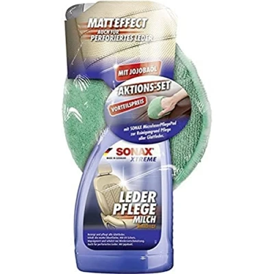 Afbeelding van SONAX Xtreme Leerverzorgingsmelk (500 ml) met microvezelpad (1 stuk) actieset voor het reinigen en onderhouden van glad echt kunstleer artikelnummer 02547410