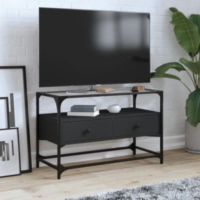 Afbeelding van Tv meubel met glazen blad 80x35x51 cm bewerkt hout zwart