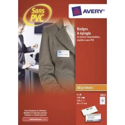 Image de Avery 4821 100 badges en plastique avec épingle. 40x75mm.