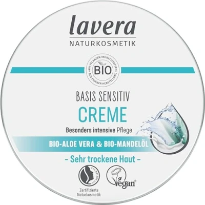 Afbeelding van Lavera Base Sensitiv crème, multifunctionele natuurlijke cosmetica, veganistisch, aloë vera en biologische amandelolie, bijzonder intensieve verzorging, PETA gecertificeerd, biologisch afbreekbaar, 150 ml
