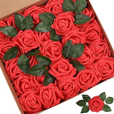 Afbeelding van PIQIUQIU 25 stuks kunstrozen, bloemen, hoofd voor verjaardag, decoratie, bruiloft, feest, rood roze