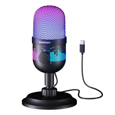 Afbeelding van Aokeo Gaming microfoon, USB computermicrofoon voor pc, Mac, PS4/5, condensatormicrofoon studio opname, streaming, podcast, YouTube, met ledlicht