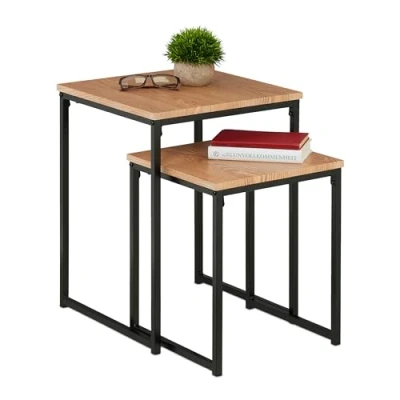 Afbeelding van Relaxdays bijzettafel set van 2 industrieel mimiset groottes stapelbaar metaal C