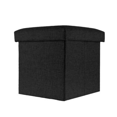 Afbeelding van Intirilife Opvouwbaar krukje 30x30x30 cm in DIAMOND ZWART zitkubus met opbergruimte en deksel van stof linnenlook voetensteun opbergbox kist bankzitting