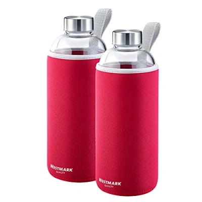 Afbeelding van Westmark 527422E7, glazen flessen met opdruk, 1 beschermhoes, 1000 ml, glas, siliconen, rubber, BPA vrij, viva, rood, zilver, transparant, 2 stuks