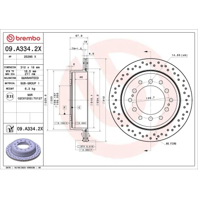 Afbeelding van BREMBO Remschijf TOYOTA: Land Cruiser Prado 150 312mm 18mm 6 geperforeerd/interne ventilatie Gecoat 09.A334.2X Remschijven