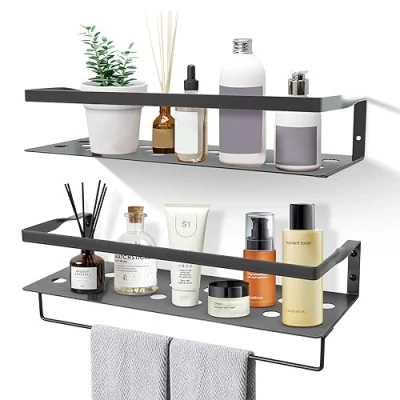Afbeelding van Wandrek, metaal, badkamerrek, keukenrek, set van 2, metalen plank, muur, 41 cm, met handdoekhouder, voor woonkamer, keuken, badkamer, werkkamer, grijs