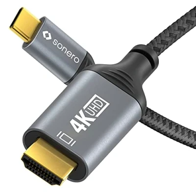 Afbeelding van Sonero® 4K USB C naar HDMI kabel, stekker stekker, 60Hz, 18 GB/s, katoenen mantel, grijs/zwart, 2,00 meter
