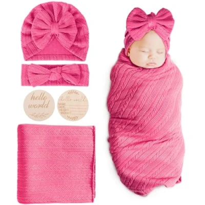 Afbeelding van DRESHOW Ontvangstdeken voor pasgeborenen, warm, meisjes, met bijpassende muts en hoofdband, kaart geboorte, 1 set: Birth Announcement Card + hoed haarband deken (fuchsia)