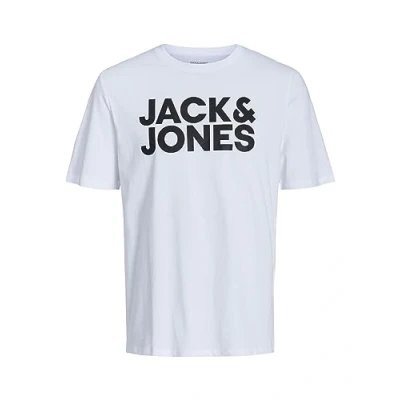 Image de JACK &amp; JONES Homme T shirt Jjecorp Logo Ss O Neck Noos, Blanc/coupe : slim/large imprimé/noir L