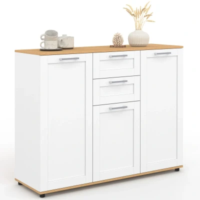 Afbeelding van Wit dressoir met 100 cm houten blad, 3 deuren en 2 laden