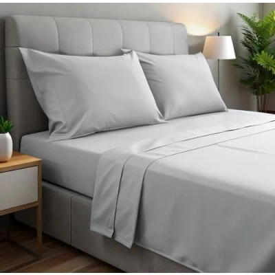 Afbeelding van 4 delige lakenset, 150 x 190/200 cm, geborsteld polyester microvezel lakens. Plat laken, verstelbaar hoeslaken en 2 kussenslopen. Kleur lichtgrijs