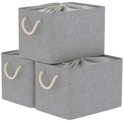 Afbeelding van Set van 3 opbergdozen met deksel 42 x 32 26 cm stoffen opvouwbare dozen trekkoord en 2 handvatten doos Cube grijs