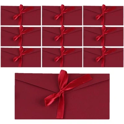 Afbeelding van ATSNOSH 10 mooie enveloppen van kraftpapier met strik donkerrood 11 x 22 cm voor Kerstmis, verjaardag, Valentijnsdag, bruiloft (donkerrood)