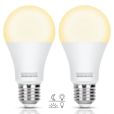Afbeelding van Aigostar led schemerlamp, E27, 12 W, lampen met schemersensor, warm wit, 3000 K, 1170 lm, automatische ontstekingslamp, voor garage, hal, kelder, trappen, 2 stuks