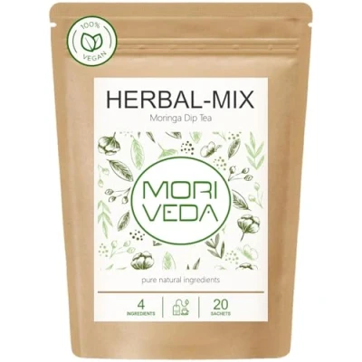 Afbeelding van MoriVeda® 100% natuurlijke en veganistische Moringa thee (optioneel bladmengsel, appel kaneel, granaatappel, gember, munt). 1A kwaliteit (1x20 theezakjes bladmengsel)