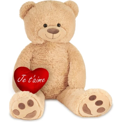 Afbeelding van BRUBAKER XXL Teddybeer 100 cm Beige met een Je T&#039;aime Hartje Knuffel Pluche Knuffeldier