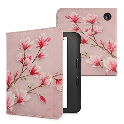 Afbeelding van kwmobile flip cover geschikt voor Kobo Libra 2 Case met magnetische sluiting Hoes e reader in poederroze / wit oudroze Magnolia design