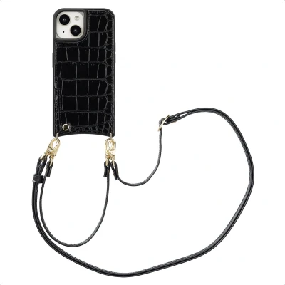 Afbeelding van Selencia Hoesje Geschikt voor iPhone 15 met Pasjeshouder Nova Croco Backcover koord en pashouder Zwart