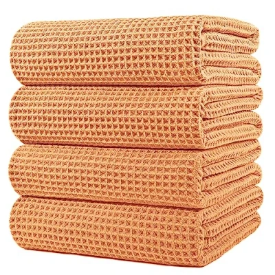 Afbeelding van Polyte Microvezel badhanddoek Pluisvrij en sneldrogend wafelstructuur Extra groot Oranje 152 x 76 cm Set van 4