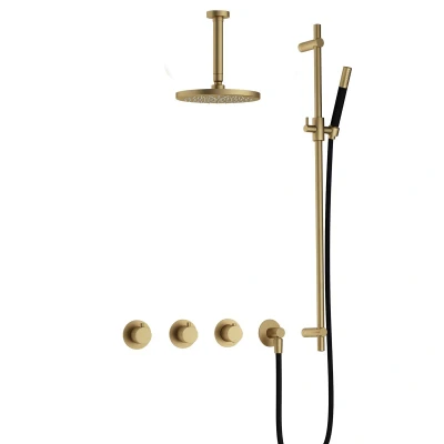 Afbeelding van Hotbath Cobber Regendoucheset IBS70 Geborsteld Messing Staaf handdouche 20cm Hoofddouche 15cm Plafondbuis Handouche met glijstang