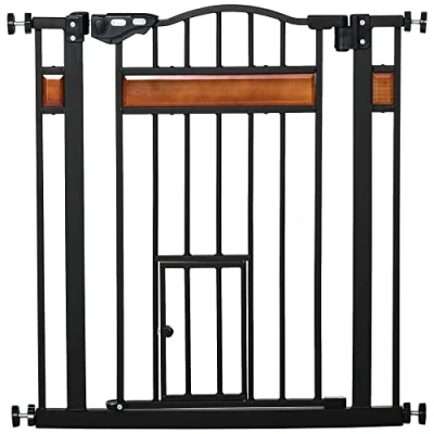 Afbeelding van PawHut Veiligheidshek voor dieren met deur, automatische sluiting, dubbel vergrendelingssysteem, zonder boren, 74 tot 80 cm, staal, grenenhout, zwart