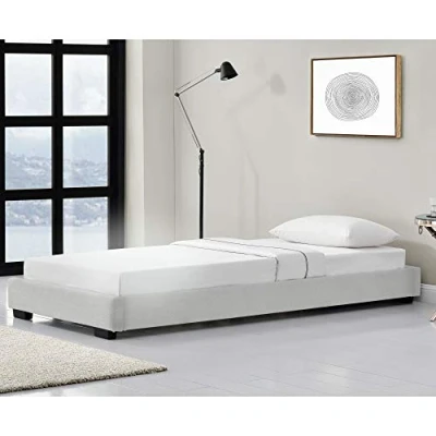 Afbeelding van Houten bed Laag kunstleer met bedbodem 90x200 cm wit
