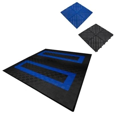 Afbeelding van Modulaire geventileerde kliktegels 165 zwart en 60 blauw 6m x 6m, polypropyleen, antislip, weerbestendig, 5 ton per tegel, inclusief randen, ideaal voor dubbele garage of werkplaatsen.