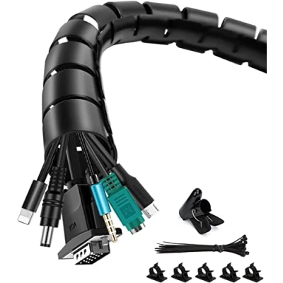 Afbeelding van Kabelslang Kabel Management, shinfly 3m/9.8ft ∅0.63&quot;/16mm+∅0.87&quot;/22mm flexibele kabelspiraal Kabelbescherming met een Wire Guide Clip, 20 Stuks Ritsbanden, 5 Zelfklevende Kabelclips, zwart