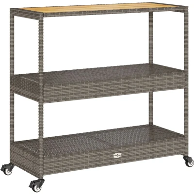 Afbeelding van Keukentrolley 3 laags poly rattan en massief acaciahout grijs