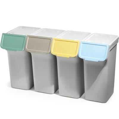 Afbeelding van KADAX afvalemmer met deksel, kunststof voor afvalscheiding, rechthoekig, klapdeksel (grijs, 4 x 25 l)