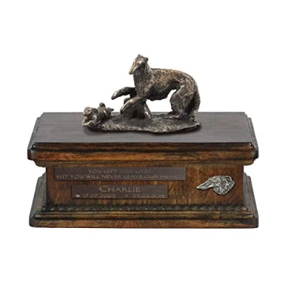 Afbeelding van Persoonlijke urn hond voor Borzoi hond, met beeld en houten design
